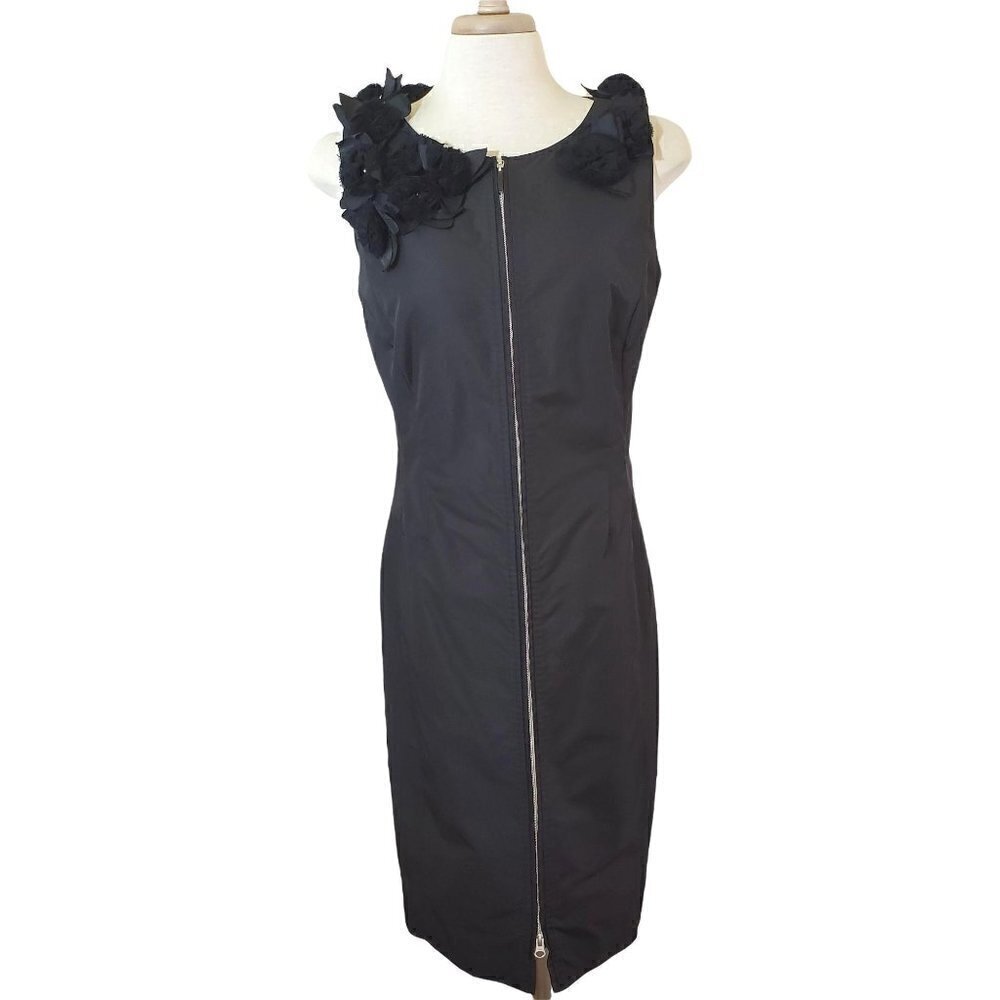 Escada Sport Black Dress Sz 40 Applique 3D Flower Shoulder Detail Full Front Zip